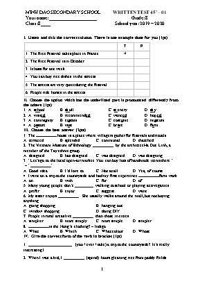 Đề kiểm tra 45 phút số 1 môn Tiếng Anh Lớp 8 - Năm học 2019-2020 - Trường THCS Minh Đạo